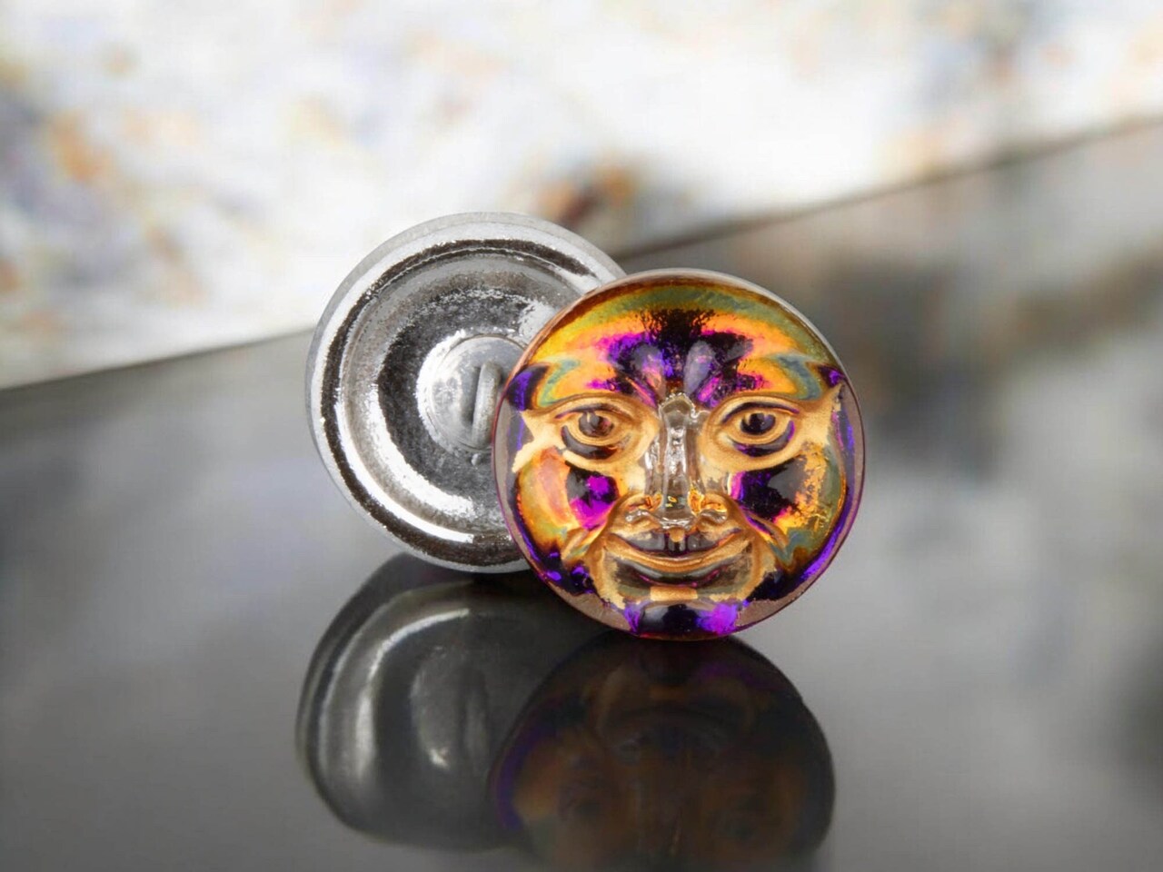 17mm Moon Face Button - Purple Orange Iridescent with Gold wash -- Czech Glass Buttons